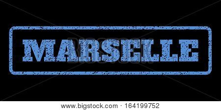 Blue rubber seal stamp with Marselle text. Vector message inside rounded rectangular frame. Grunge design and dust texture for watermark labels. Horisontal sticker on a black background.