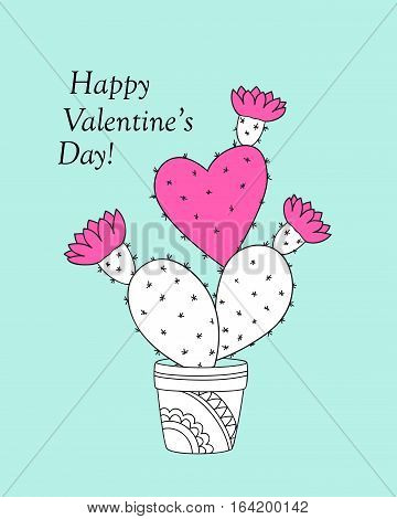 Valentine card with doodle cactus in the flower pot. Image for invitation save date wedding romantic holiday print for decorate t-shirt tunic bag dishes. eps 10.