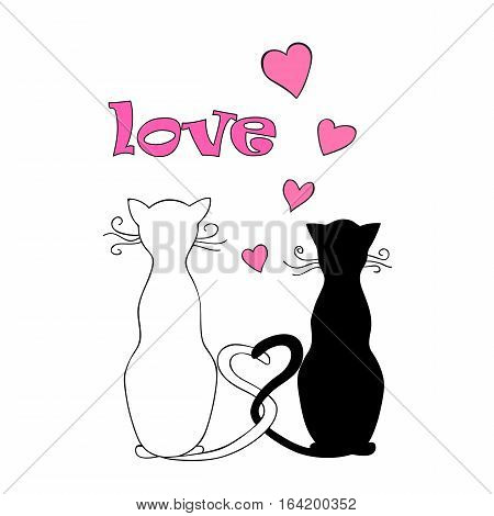 Isolated doodle couple cats with hearts and word love for Valentine greeting card invitation save date wedding holiday. Print for decorate t-shirt tunic bag home dishes. eps 10.