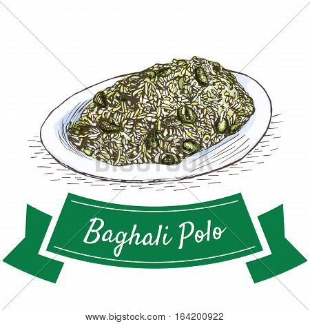 Baghali Polo colorful illustration. Vector illustration of Persian cuisine.