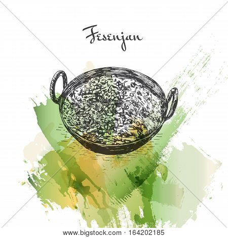 Fesenjan watercolor effect illustration. Vector illustration of Persian cuisine.