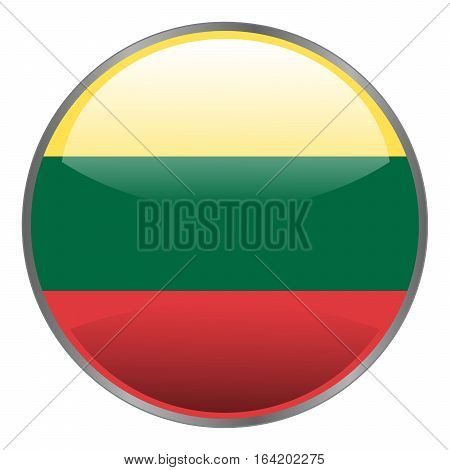 Round glossy isolated vector glow icon with national flag of Lithuania on white background.