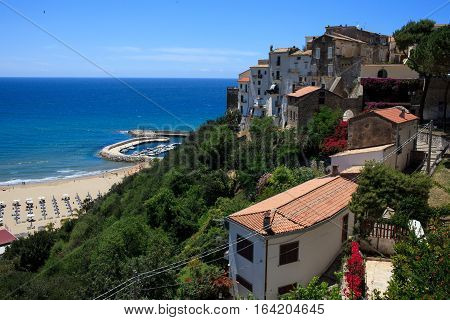 View above the sea from a high point of Sperlonga Lazio Italy.