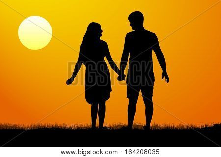 Silhouettes of men and women standing and holding hands at sunset. Vector illustration