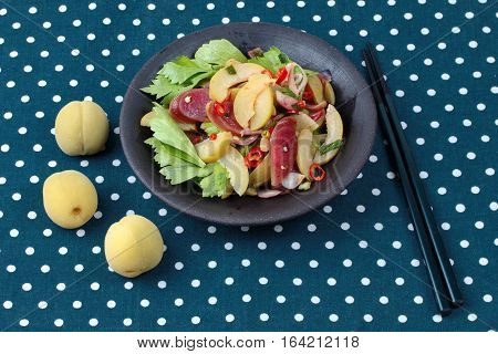 Spicy Sour Chinese Sausage Salad With Peach Honey - Compote .