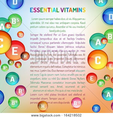 Vitamin complex. Vertical layout with different vitamins. Medical and pharmaceutical image. Vector template with copyspace for leaflet, brochure, poster or advertorial design.