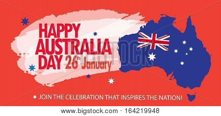 Happy Australia day 26 January poster. Map of Australia with flag and stars on festive red background. Flat vector illustration. Holiday Greeting card.