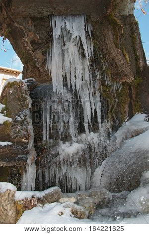 Frozen fountain in the historic center of Nocera Umbria