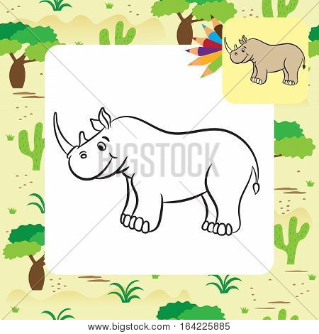 Cute cartoon rhino. Coloring page. Vector illustration