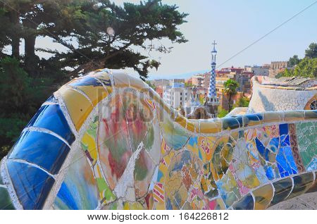 Park Guell in Barcelona Spain. Part of mosaic bench