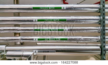Overhead chilled water, hot water and steam pipes that are clearly labeled for safety and maintenance purposes. These can often be seen in commercial buildings and residential complexes.