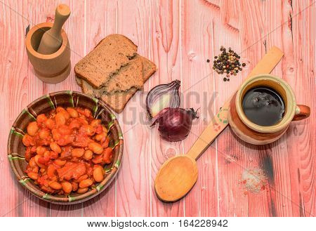 Romanian Traditional Food, Beans With Smoked Pork (fasole Cu Ciolan), Red Onion, Wooden Spoon, Salt