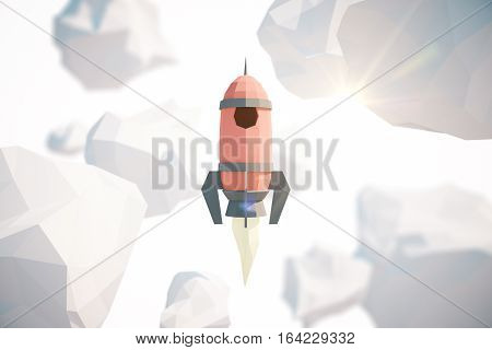 Abstract polygonal rocket ship and clouds in sky. Startup concept. 3D Rendernig