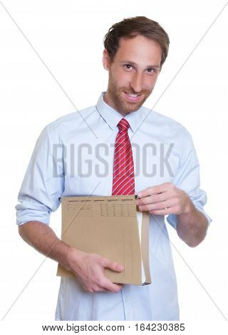 Handsome german businessman with file on an isolated white background for cut out