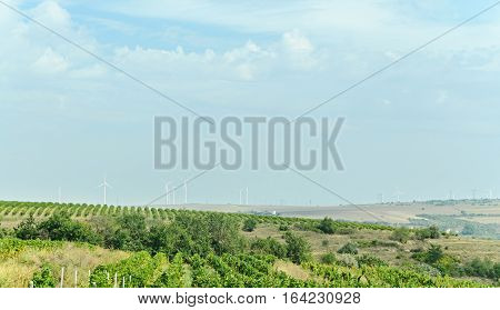Eolian Field And Wind Turbines Farm, Countryside With Green Hills