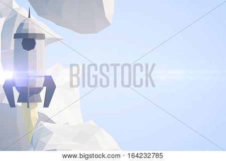 Abstract polygonal rocket ship and clouds on blue background with copy space. Startup concept. 3D Rendernig