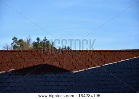 Roof with asphalt shingles is partly frostbitten. Roof.