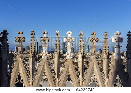 Detail Of Milan Duomo Under Blue Sky