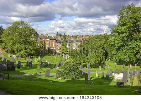 NOTTINGHAM ENGLAND - JAN 1 2007: old graves at the famous general cemetery in Nottingham. The cemetery is home for WW1 and WW2 dead soldiers.