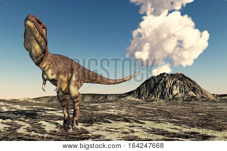 Computer generated 3D illustration with a volcano and the dinosaur Mapusaurus