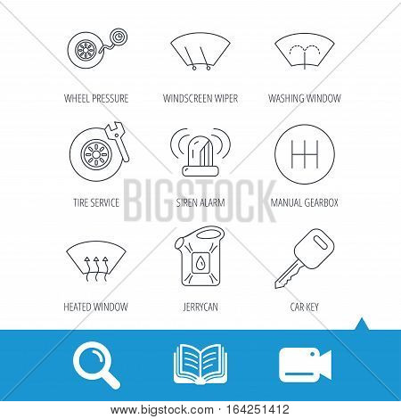 Manual gearbox, tire service and car key icons. Siren alarm, jerrycan and wheel pressure linear signs. Window washing, wiper and heated icons. Video cam, book and magnifier search icons. Vector