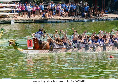 Rome Italy - July 30 2016: Dragon boat crews compete at the european championships held in Italy in 2016 summer in the photo the UK crew