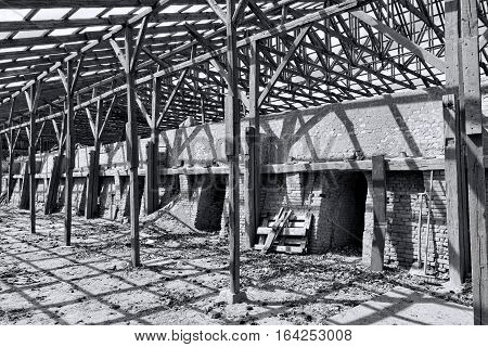 Black and white shot of a derelict brickyard in Silkeborg Denmark