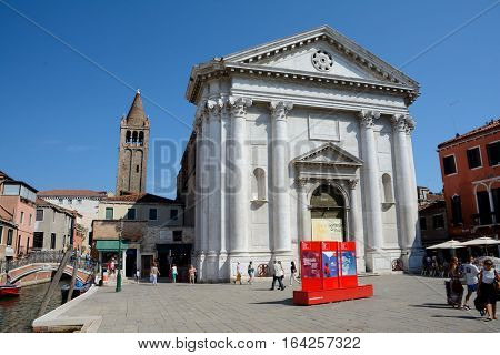 Venice Italy - September 9 2016: Chiesa di San Barnaba church in Venice Italy. Unidentified people visible.