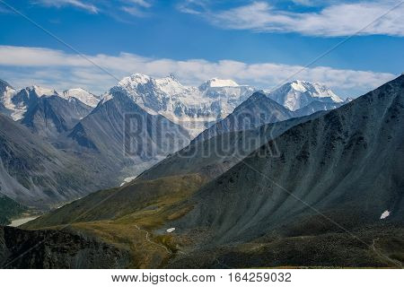 Altai Mountains. View from the highland pass Karaturek to the mountain Beluha with glaciers and Akem Valley
