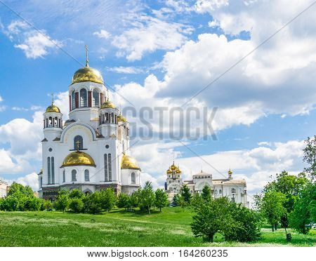 View of Church on Blood in Honor of All Saints Resplendent in the Russian Land Yekaterinburg. Summer view with clouds and sky