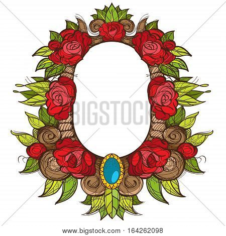 Beautiful oval frame with roses. Baroque decorative border of flowers. Floral element for design of congratulations.