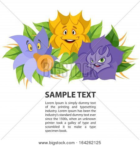 Fabled flowers smiling and talking. Template with space for text design.