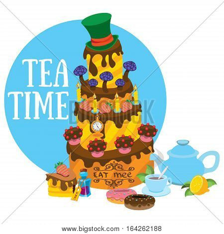 Big cake and pastries. Tea party. Refreshments. Illustration to the fairy tale Alice's Adventures in Wonderland.