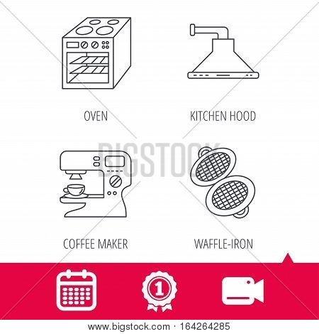 Achievement and video cam signs. Waffle-iron, coffee maker and oven icons. Kitchen hood linear sign. Calendar icon. Vector