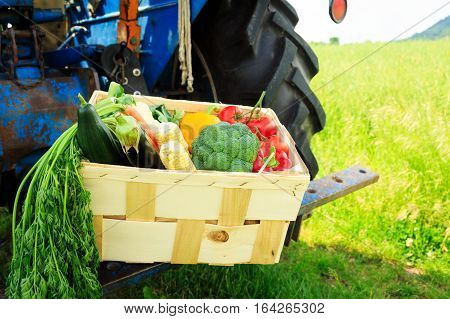 box with vegetables standing next to a tractor