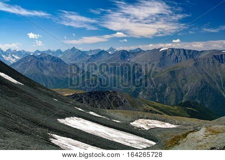 View from the highland pass Karaturek to the Altai Mountains with snowcaps and mountain Beluha