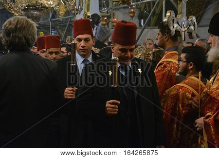 Bethlehem, Palestine. January 7Th 2017: Orthodox Christmas Midnight Mass At The Church Of Nativity I