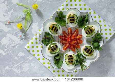 Breakfast Or Lunch For Children - Hard Boiled Egg A Bee On A Gray Stone Background. Merry Easter Mea