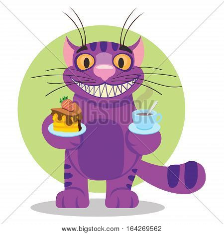 Cheshire Cat. Illustration to the fairy tale Alice's Adventures in Wonderland. Purple cat with a big smile offers a cup of tea and cake.
