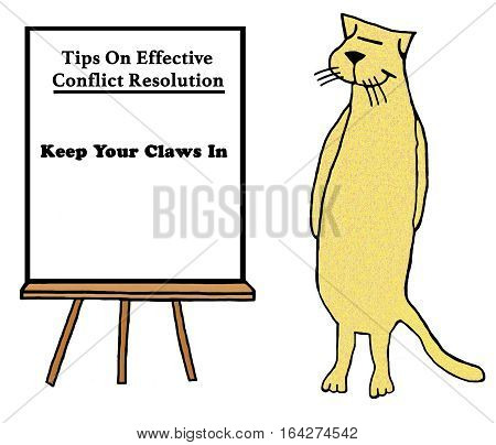 Business illustration about tips on conflict resolution by business cat, 'keep your claws in'.