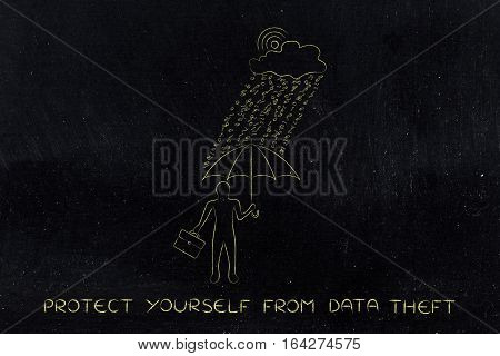 Man With Umbrella Under Binary Code Rain, Data Breach Protection