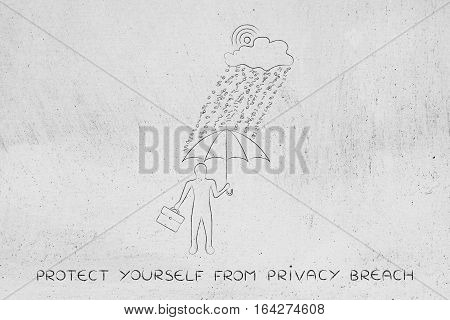 Man With Umbrella Under Binary Code Rain, Data Breach Protection
