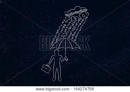 Man With Umbrella Under Binary Code Rain, Data Breach Protection