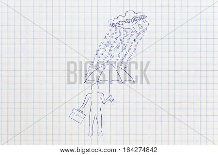 Man With Umbrella Under Binary Code Rain, Data Breach Protection