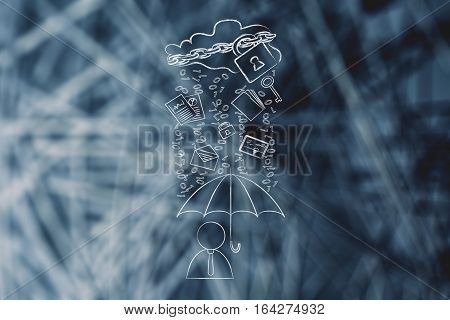 User With Umbrella Under Binary Code Rain, Data Breach Protection