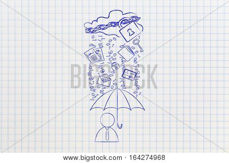 User With Umbrella Under Binary Code Rain, Data Breach Protection