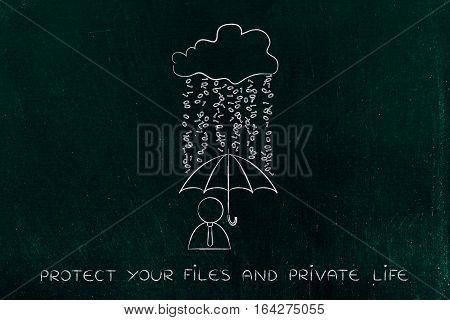 User With Umbrella Under Binary Code Rain, Data Breach Protection