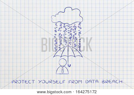 User With Umbrella Under Binary Code Rain, Data Breach Protection