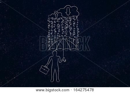Man With Umbrella Under Binary Code Rain, Data Breach Protection