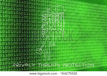 Man With Umbrella Under Binary Code Rain, Data Breach Protection